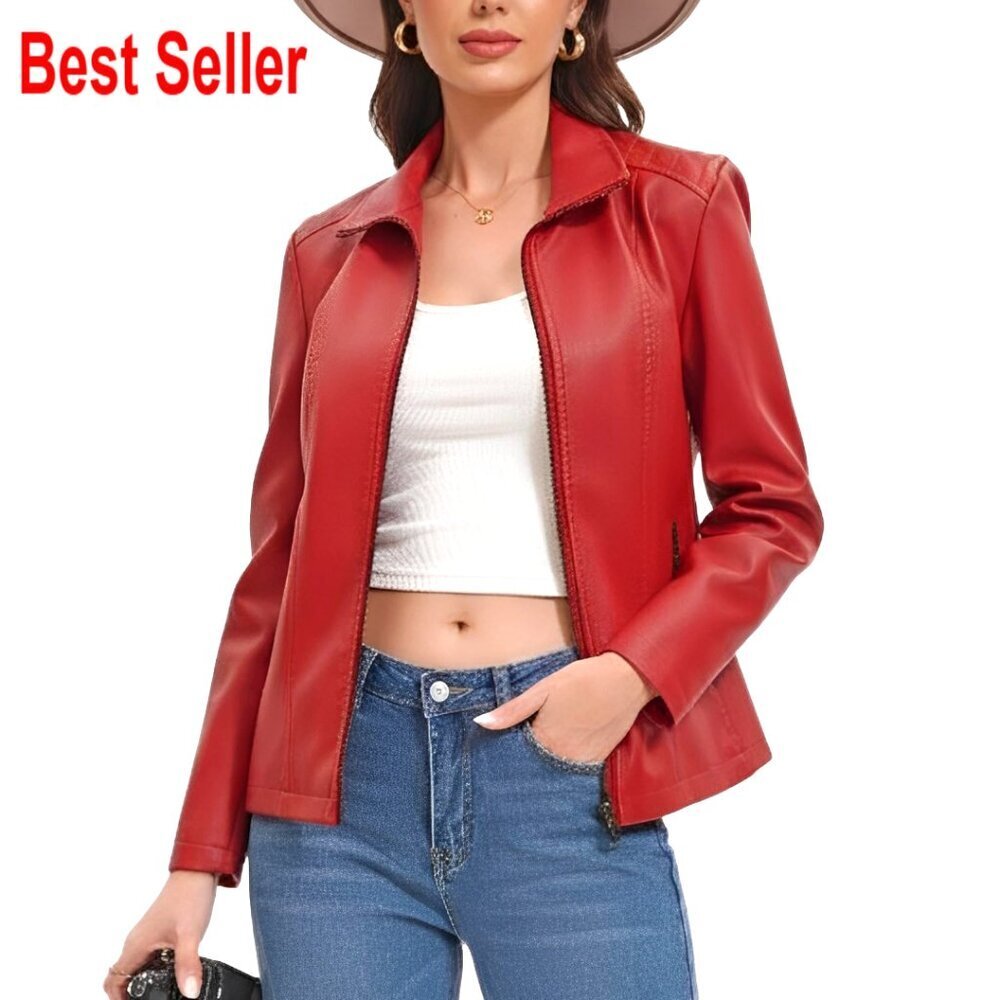 Faux Leather Motorcycle Jacket with Quilted Shoulders, Zip Front